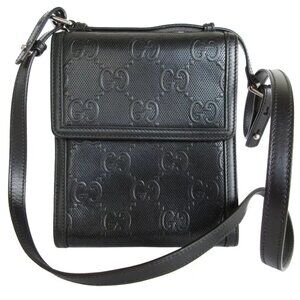 Auth GUCCI GGEmbossedCrossbody Shoulder Bag black leather
